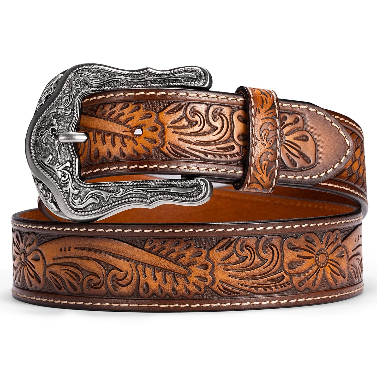 Biybletes Western Cowboy Leather Belt - 1.5" Genuine Leather Country Belt with Durable Buckle