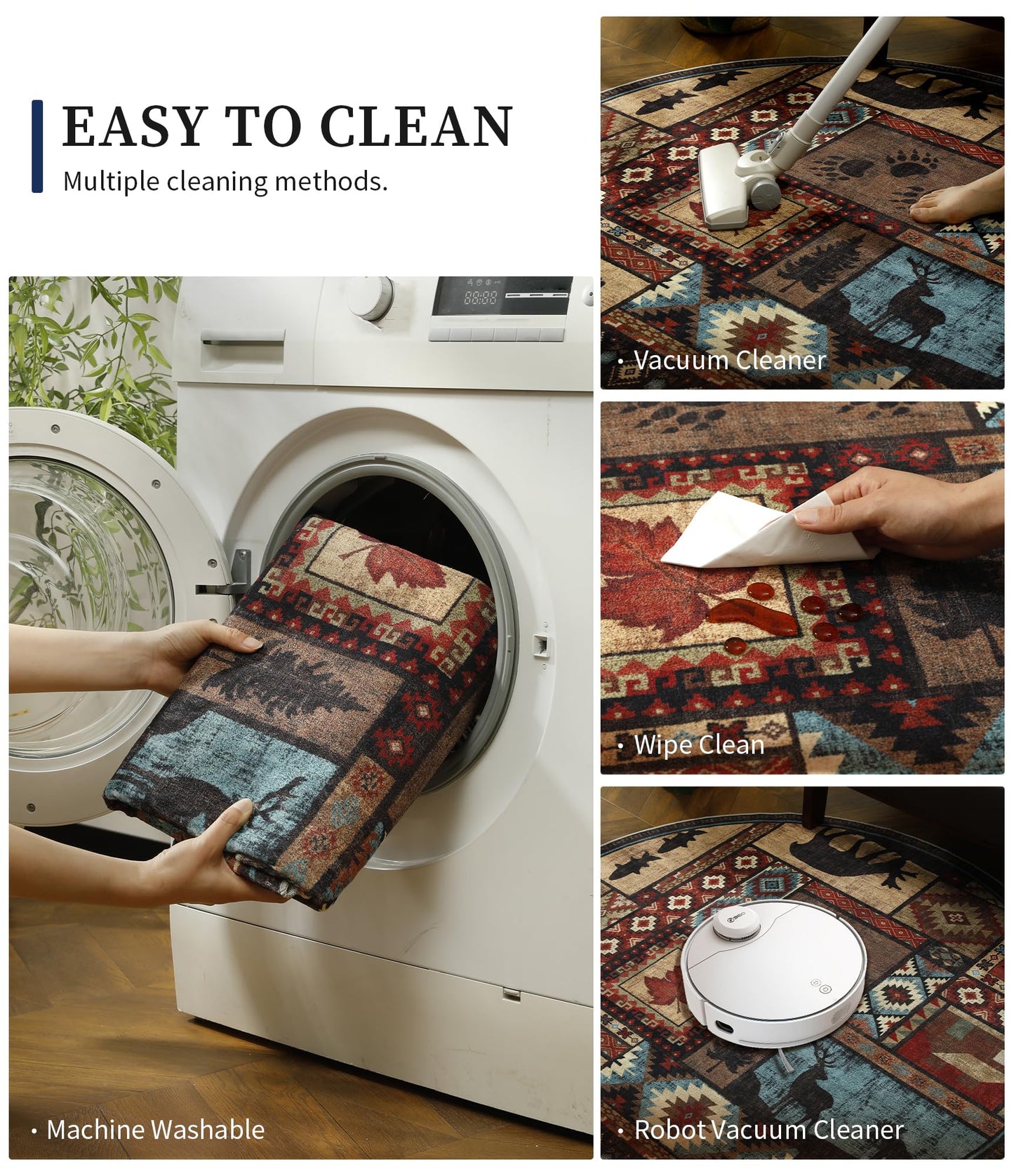 YIHOUSE Rustic Round Rug 4ft, Washable Circle Rug with Non-Slip Backing, Low Pile Soft Western Cabin Rugs for Living Room, Bedroom