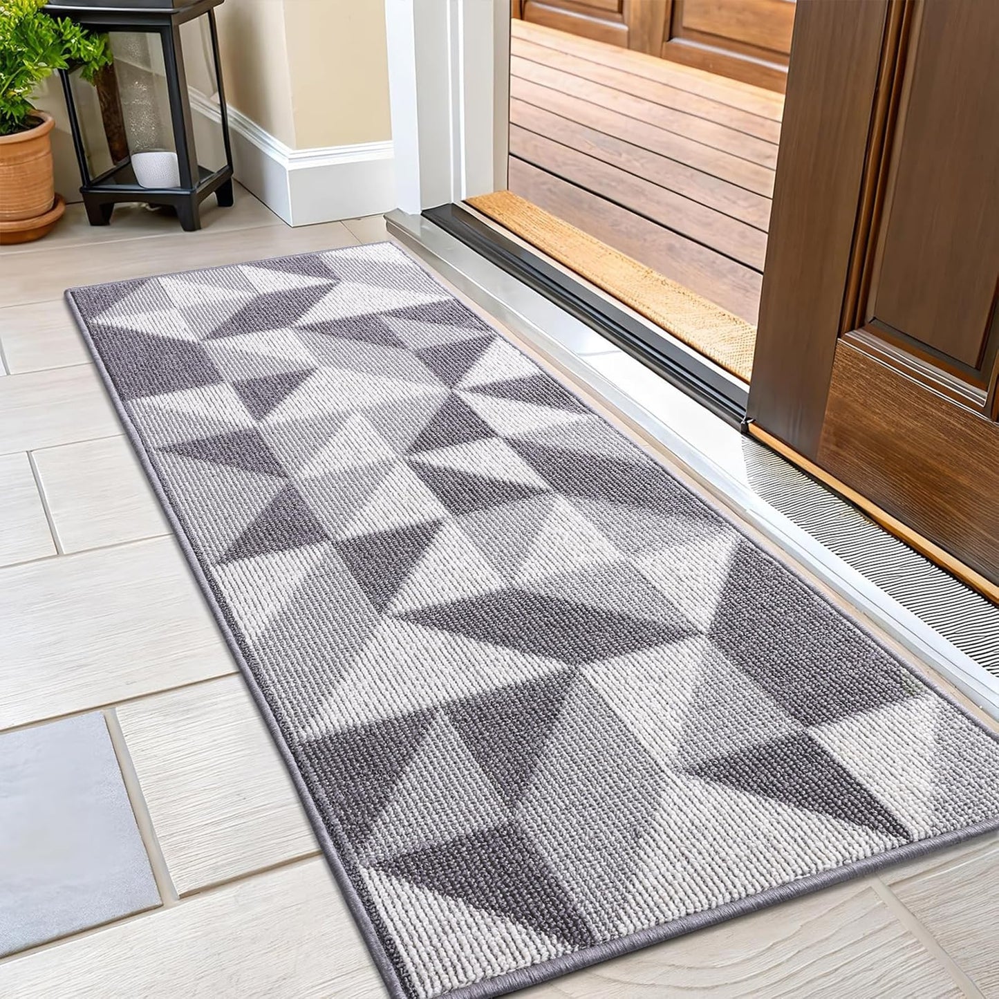 OLANLY Door Mat Indoor Entrance Washable 47x23, Odor-Free Low-Profile Front Back Geometric Doormat, Absorbent Resist Dirt Entry Carpet, Easy to Clean Sturdy Inside Floor Mats for Entryway, Grey