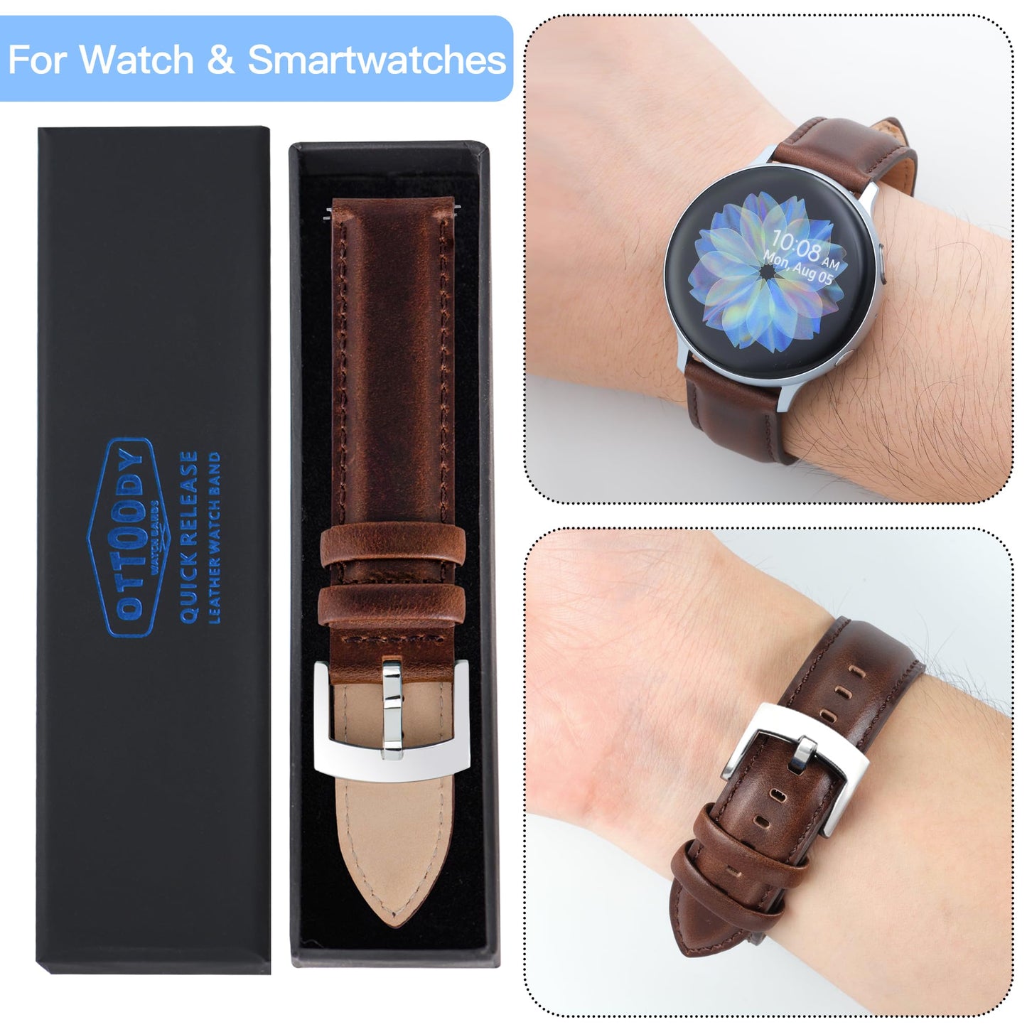 OTTOODY Leather Watch Bands Quick Release, Elegant Top Grain Leather Watch Straps for Men & Women, Choice of Color & Width - 18mm, 19mm, 20mm, 21mm or 22mm Wristbands Bracelet for Watch & Smartwatch