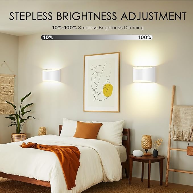 FOLKSMATE Battery Operated Wall Sconces Set of 2, White Rechargeable Wireless Remote & Touch Control Wall Lamps, 3 Color Temperatures, Cordless Dimmable Lamp for Bedroom, Living Room, Hallway