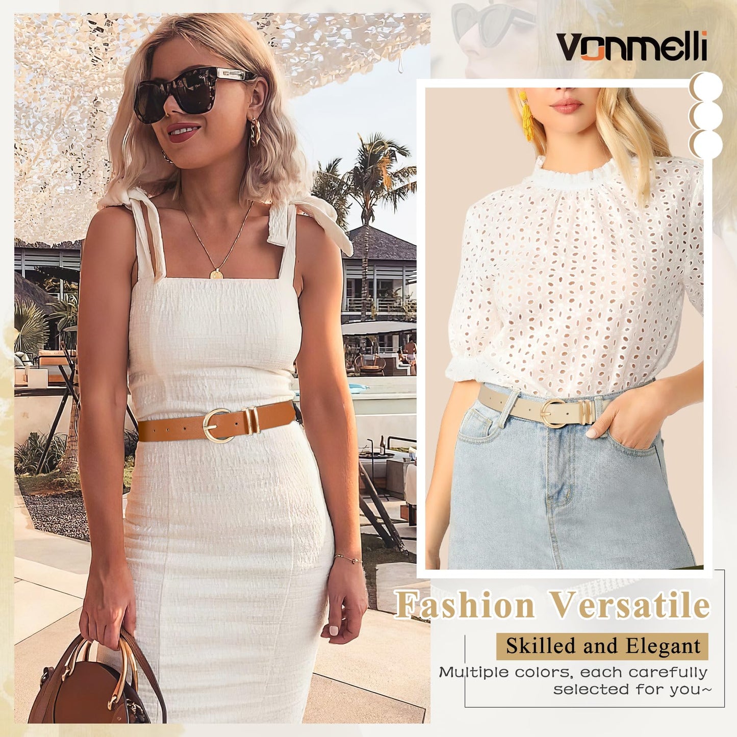 VONMELLI 3 Pack Women's Belts for Jeans Dresses Leather Belts for Women Ladies Waist Belt with Gold Buckle, Black Brown Beige S
