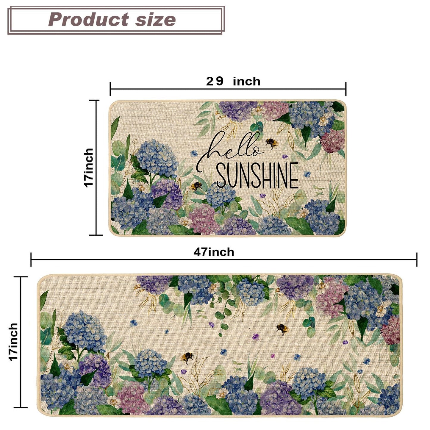 Baccessor Hydrangea Kitchen Mats Set of 2, Spring Summer Floral Bee Kitchen Rugs for Floor Non Slip Absorbent Low-Profile Seasonal Farmhouse Home Decor 17x29 and 17x47 Inch