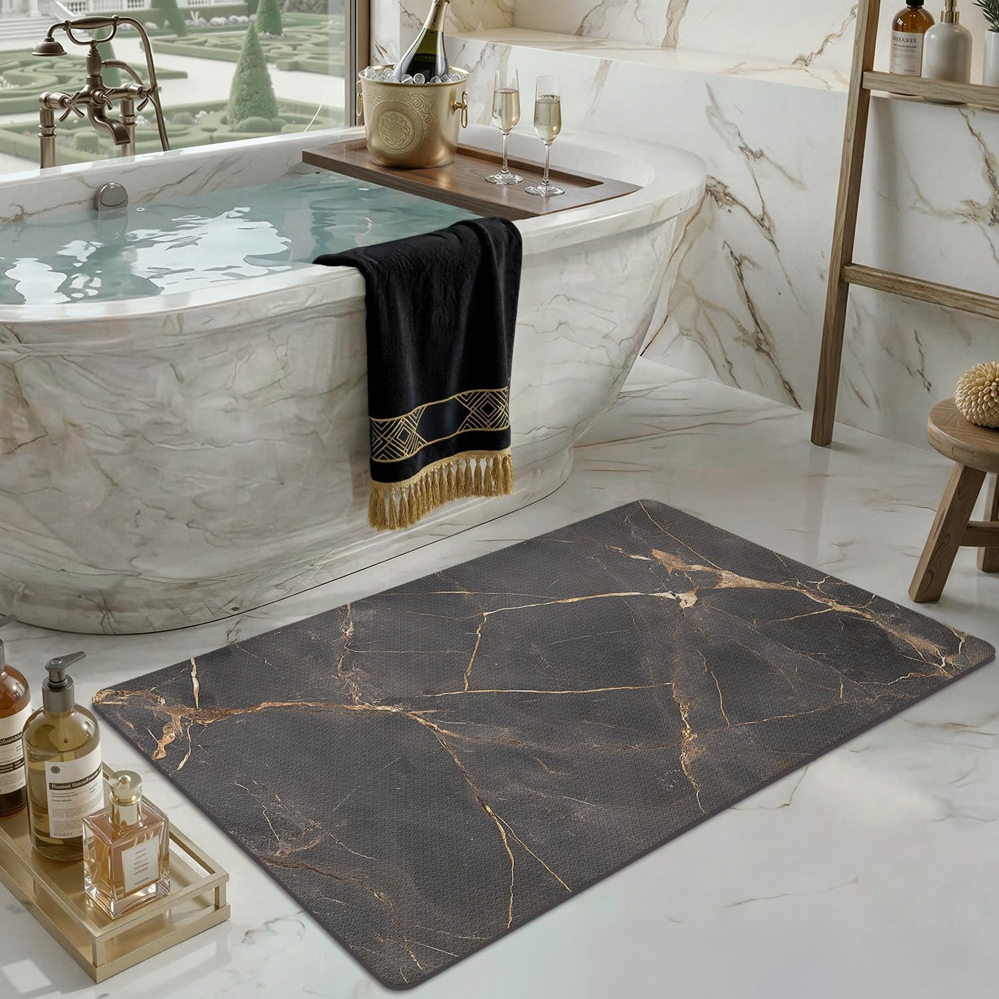 Color&Geometry Ultra Thin Bathroom Rugs Non Slip,Absorbent Quick Dry Bath Mats for Bathroom,Thin Bath Rugs Washable with Rubber Backing Fit Under Door Outside Shower,Gold-Veined Marble,17"x30"