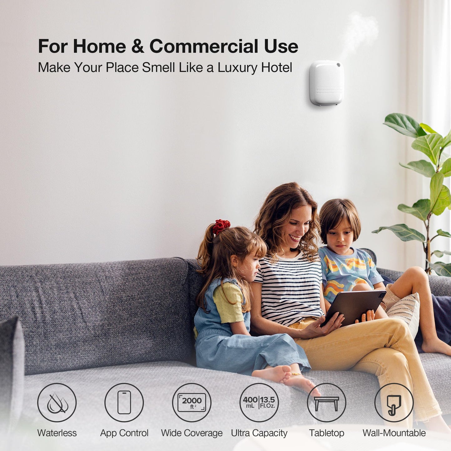 Airversa Waterless Essential Oil Diffuser for Home Large Room and Commercial Use, Up to 2000 sq ft, App Control Cold Air Diffuser, 400mL, DC-12V/1A Plug in Wall, Smart Scent Air Machine, ANW-White