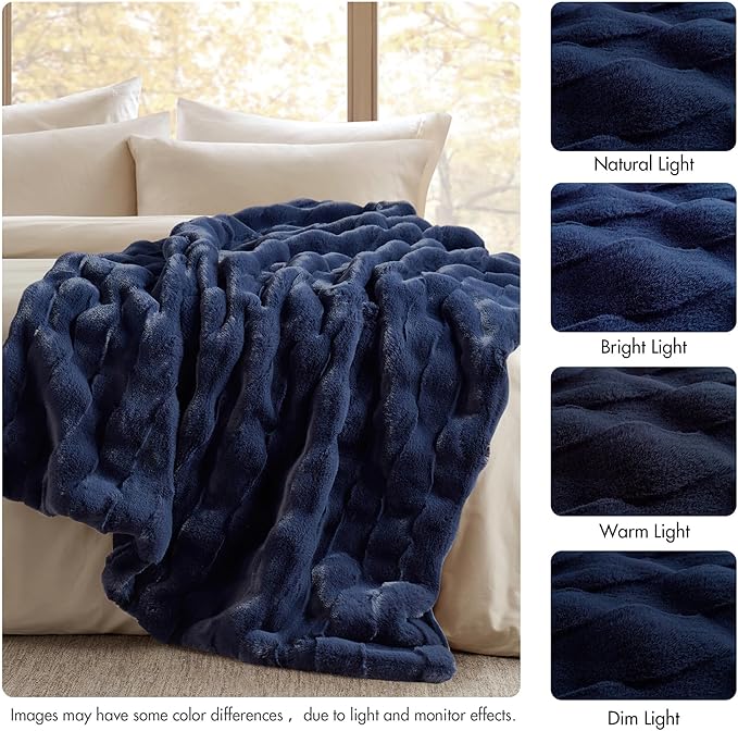 Madison Park Luxuriously Cozy Soft Long Faux Fur Basketweave Blanket, Reversible Soft & Snuggly Velvet Throw, Lightweight, Breathable, All Season, Trendy Room Décor, 50x60, Navy