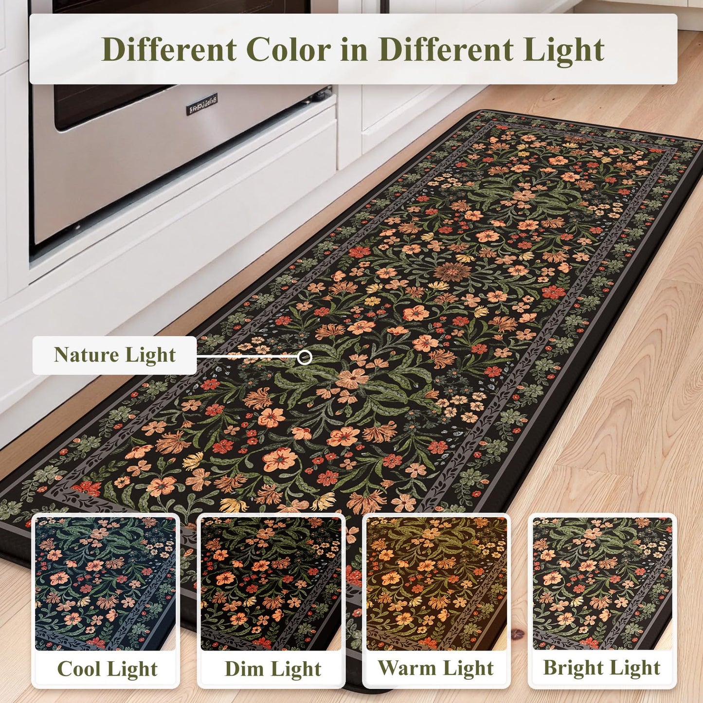 Collive Anti Fatigue Mat for Kitchen Floor, Waterproof Cushioned Sink Mats Non Slip Floral Kitchen Rugs Set of 2, Black Comfort Modern Standing Rug for Office, Laundry, Desk, 17"x30"+17"x47"