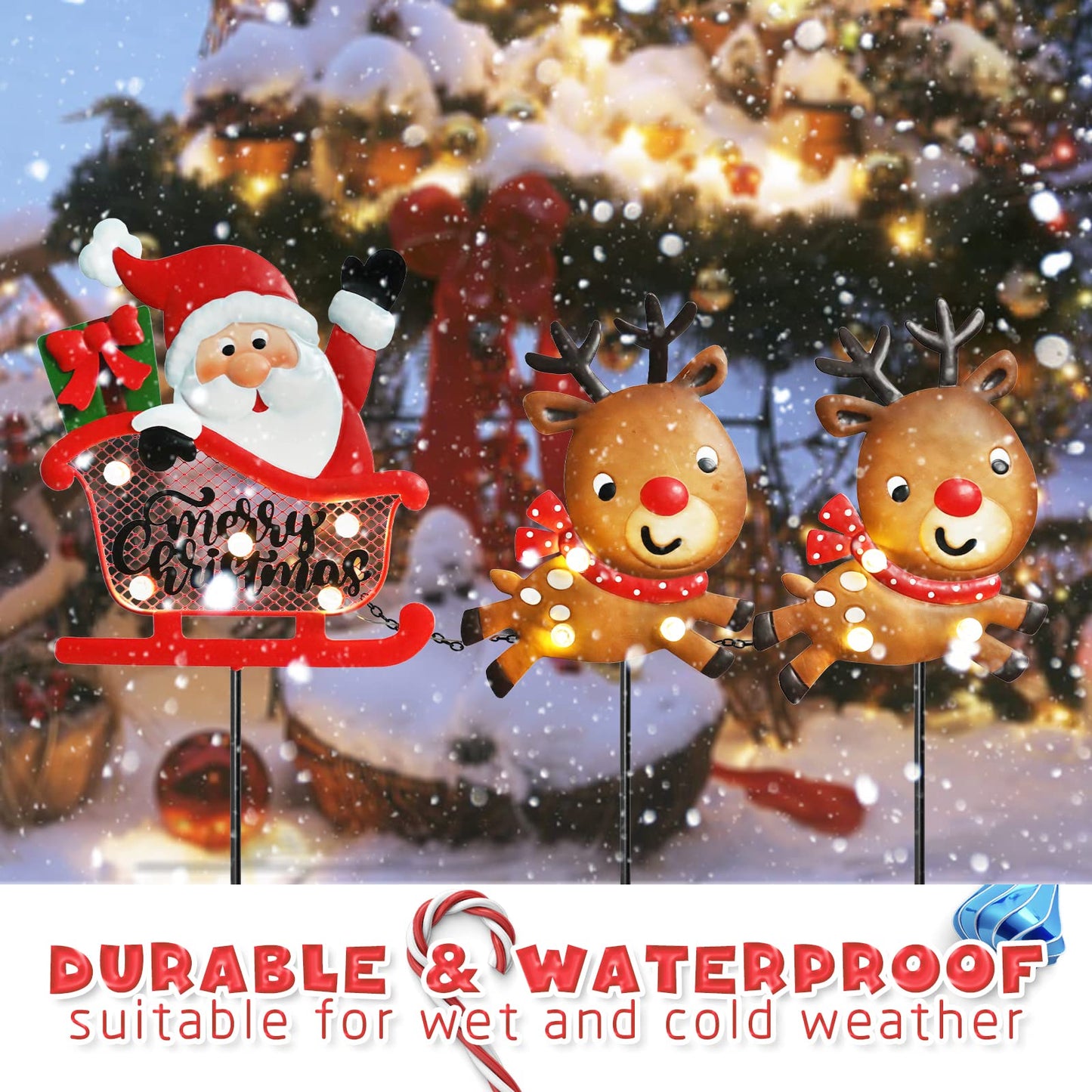 WONDER GARDEN Christmas Metal Yard Stakes, Lighted 3 Pack Christmas Garden Stakes Yard Signs, Outdoor Decorations with Santa Sleigh and Reindeer for Lawn Party Outside