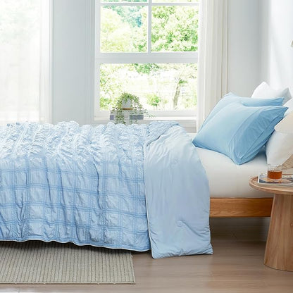 Cozy Bliss Cooling Comforter Full Size Seersucker Plaid, Q-Max 0.4 Reversible Lightweight Cooling Blanket, Breathable Silk Smooth Summer Bedding Quilt for Hot Sleepers Night Sweats Blue