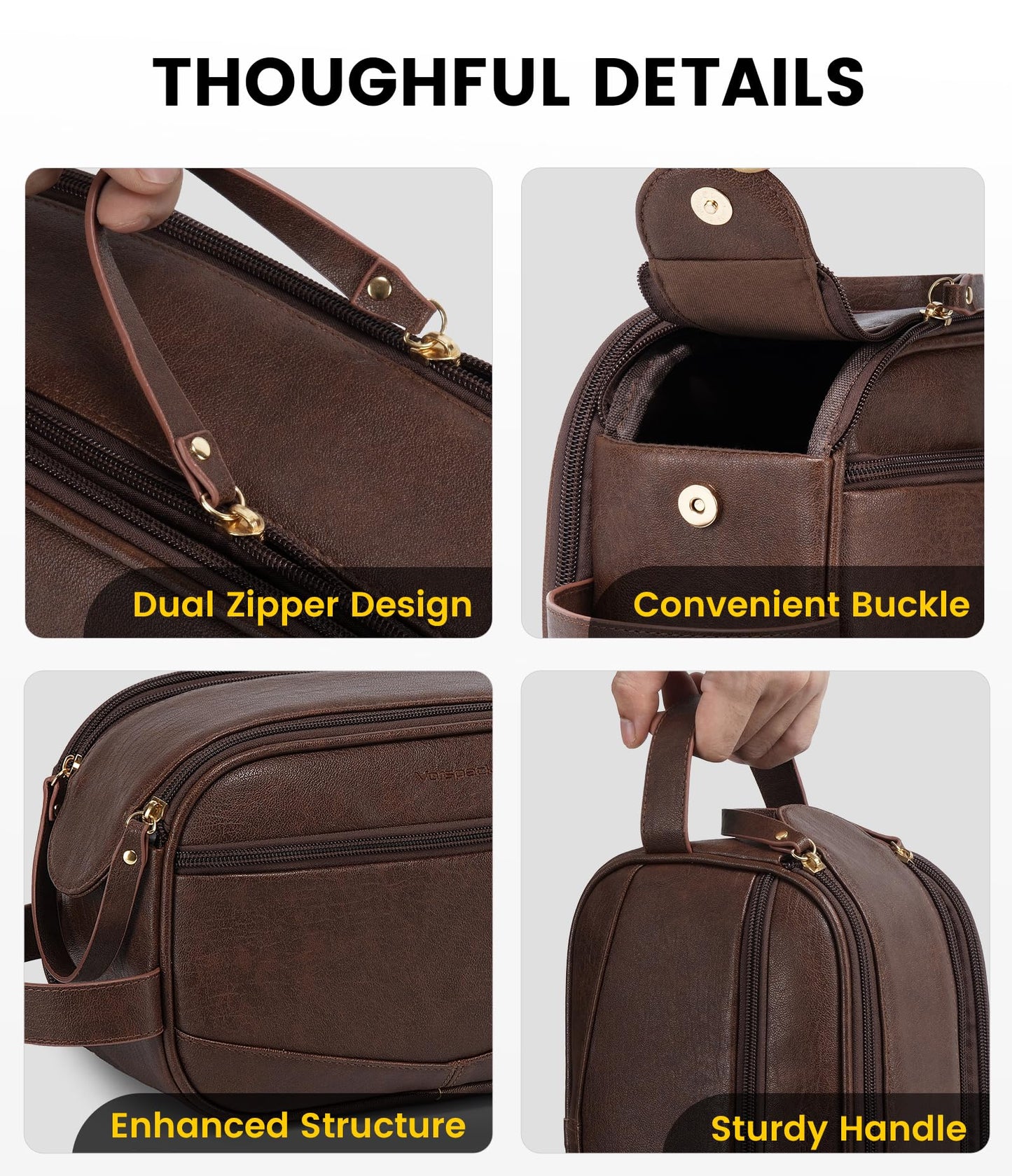 Vorspack PU Leather Toiletry Bag for Men - Water Resistant Travel Bag for Toiletries, Shaving, Grooming, Bathroom Essentials - Dark Brown