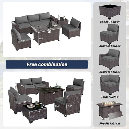 Kurapika 7 Pieces Patio Furniture Set, Rattan Outdoor Conversation Sets w/43in Propane Fire Pit Table and 4 Inch Cushion(Grey)