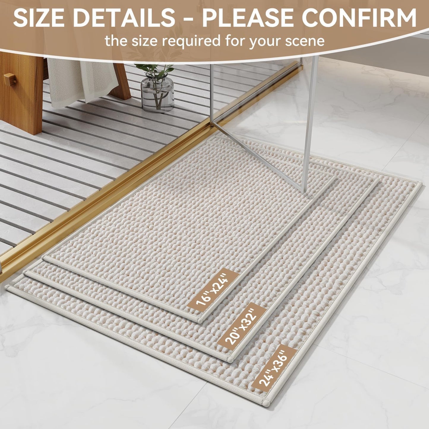 QiCaiJia 16x24 Extra Soft Chenille Bathroom Rugs - Non Slip Quick Dry Absorbent & Washable Bath Mat, Thin Low Profile Fit Under Door, Shower Mat for Outside Shower - Beige