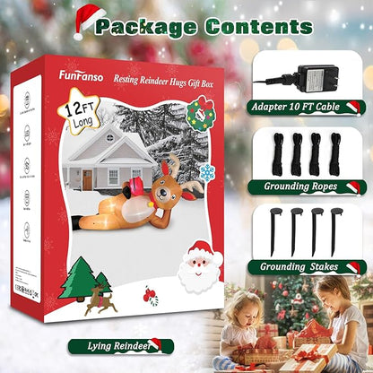 12 FT Giant Christmas Inflatable Reindeer Outdoor Decorations, Large Blow Up Reindeer with Gift Box Decor, Built-in LED Lights, Rapidly Inflate for Yard Lawn Party Holiday Garden Xmas Decorations