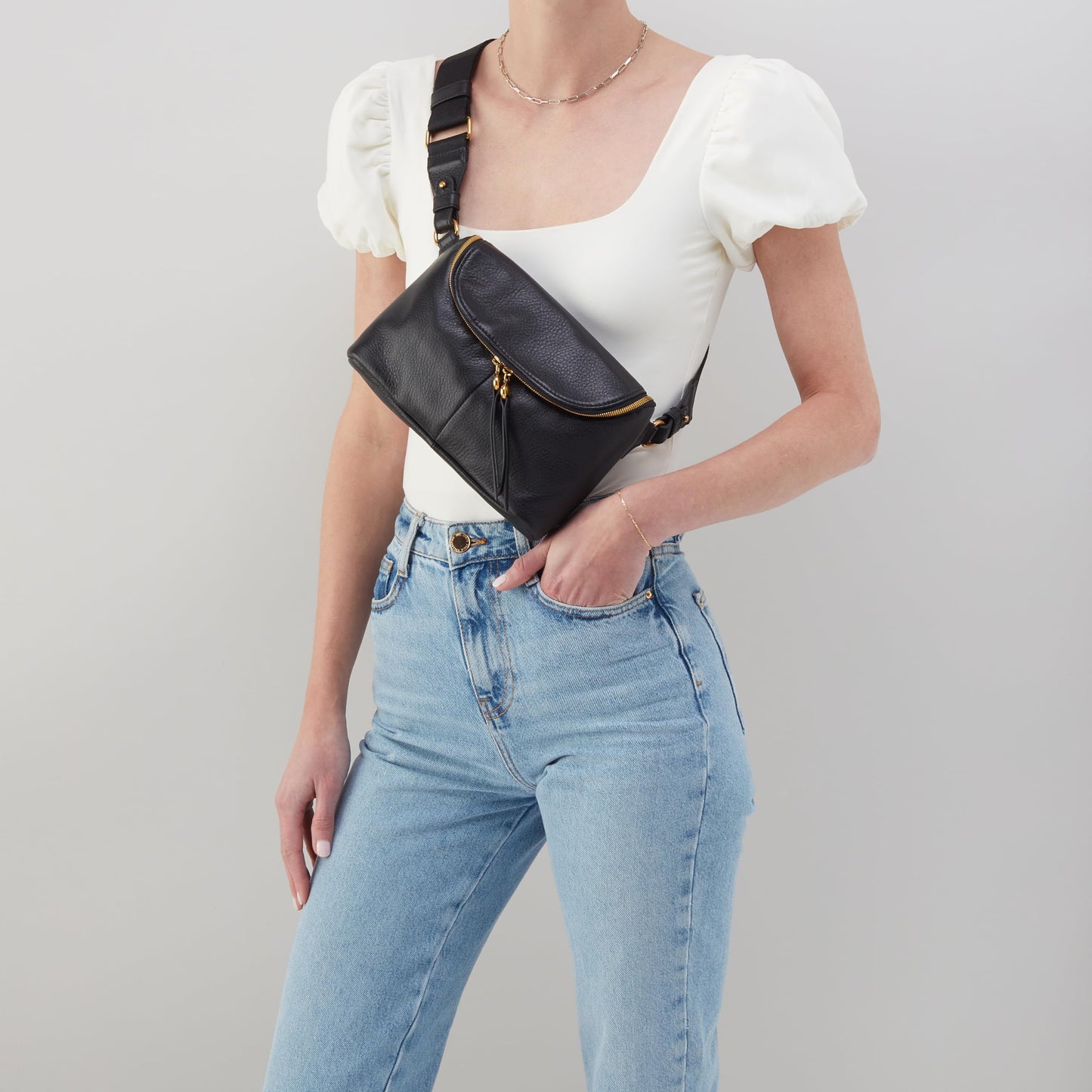 HOBO Fern Leather Belt Bag for Women - Adjustable Strap for Crossbody or Fanny Pack Style, Zipper Pocket, Holds Passport & Phone, Hands-Free Travel & Everyday Essentials - Black