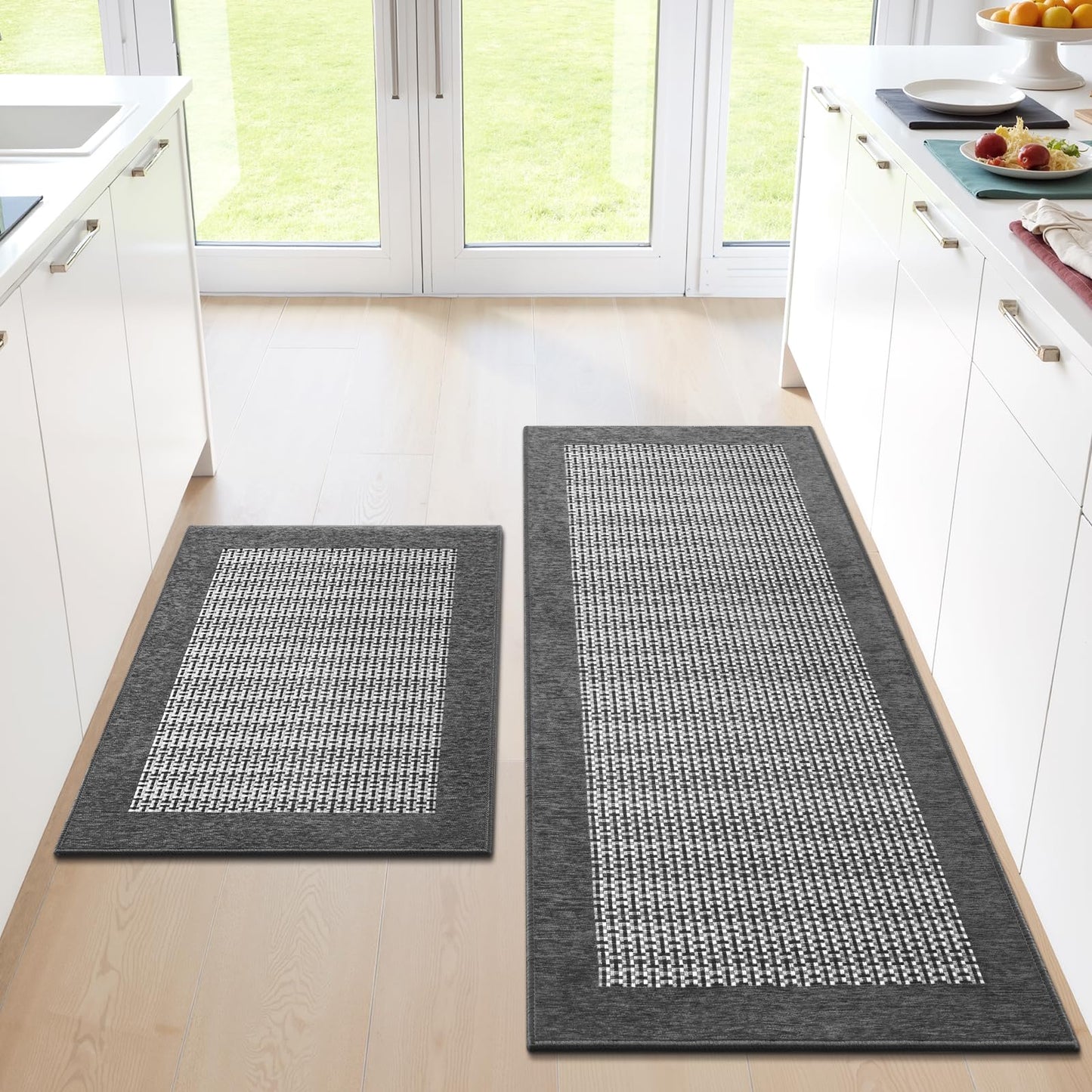 StepRite Kitchen Mats for Floor, Non-Slip Kitchen Rugs Set of 2 PCS, Super Absorbent Washable Kitchen Mats with Rubber Backing, Runner Mats for Front of Sink (20"x32"+20"x47" Grey)