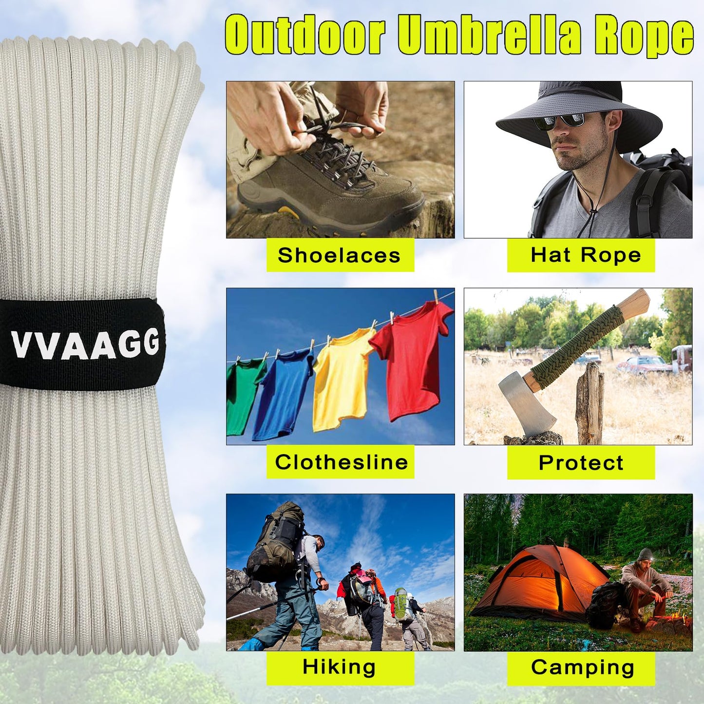 VVAAGG 1000 White Paracord Rope 100FT, 4mm Utility Parachute Cord 12 Strand Nylon Camping Rope, Tent Rope, Clothsline Rope