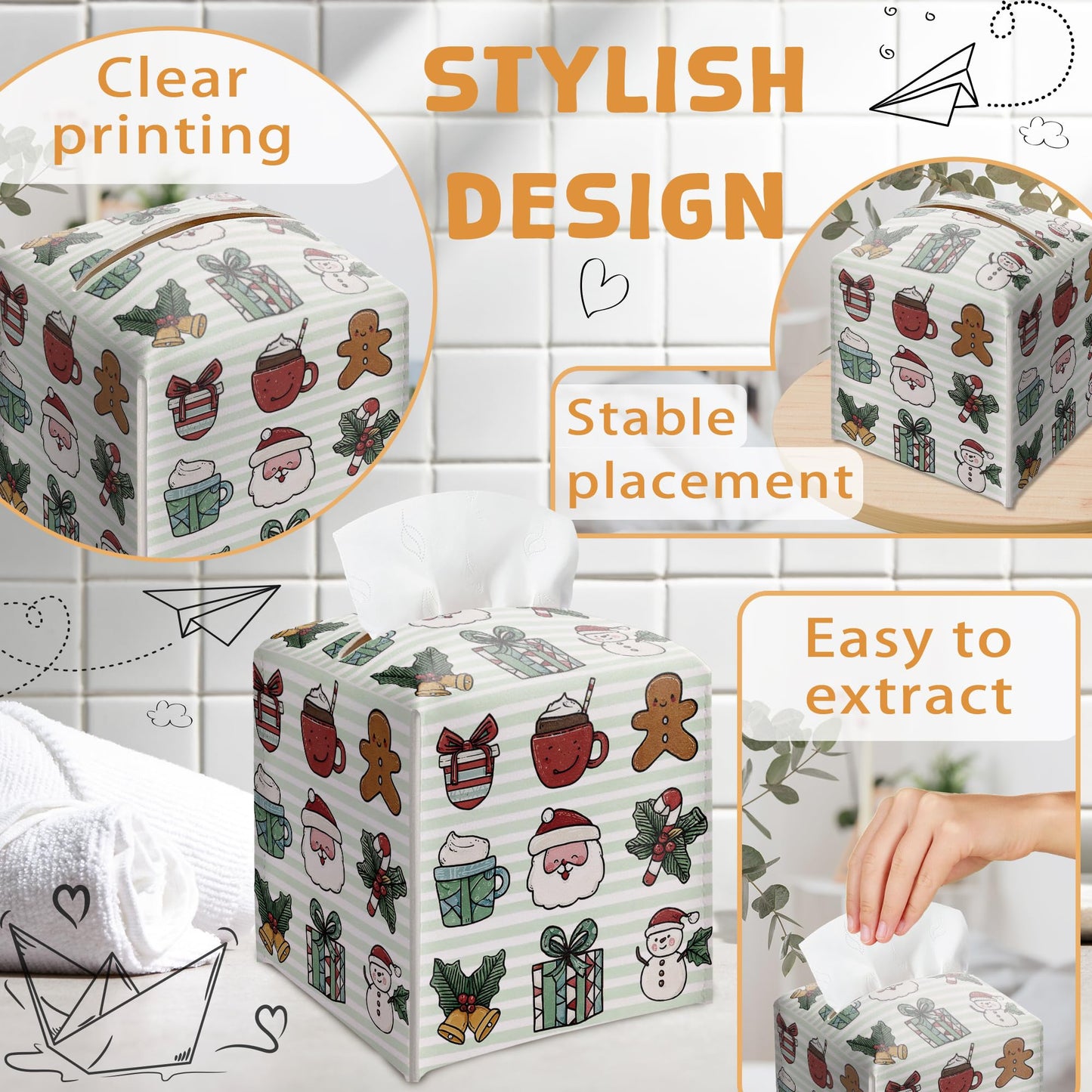 Merry Christmas Tissue Box Holder, Cute Santa Bow Leather Tissue Box Cover Square, Paper Facial Decorative Tissues Cover for Night Stands Bathroom Kitchen Office Home Decor-B30