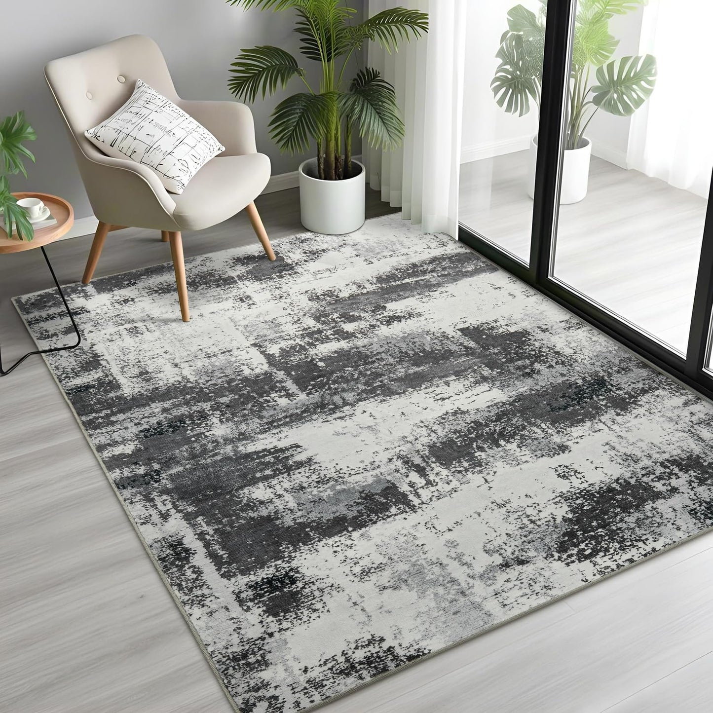 Enqinar Modern Abstract 3x5 Rug for Entryway, Non Slip Machine Washable Area Rug, Soft Low Pile Ultra Thin Distressed Doormat for Indoor Entry, Kitchen, Dorm, Living Room, Bedroom, Grey