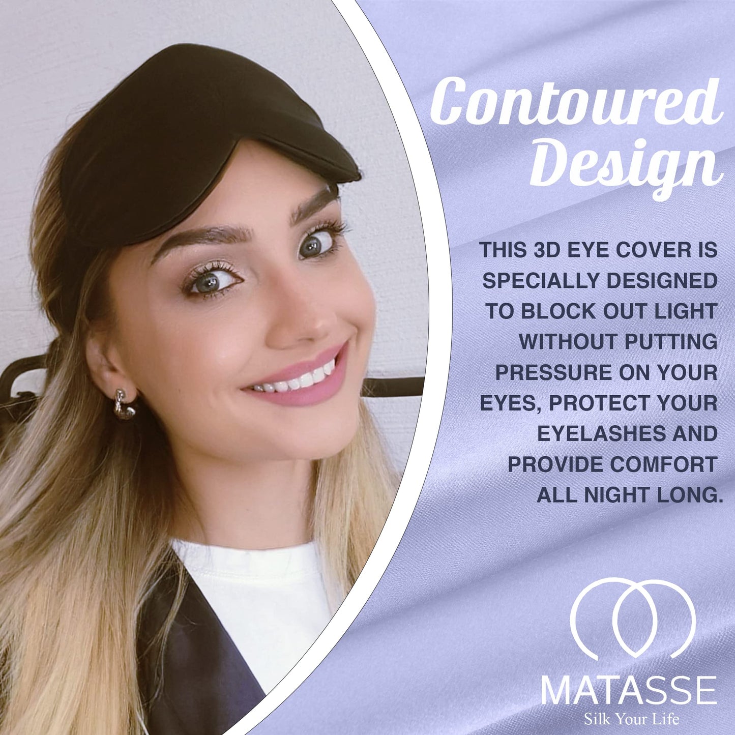 MATASSE Silk Eye Mask for Sleeping with Adjustable Elastic Band - 3D Contoured, Eye Cover Sleep Mask w/Genuine Mulberry Silk Including The Strap for Women, Men (Black)