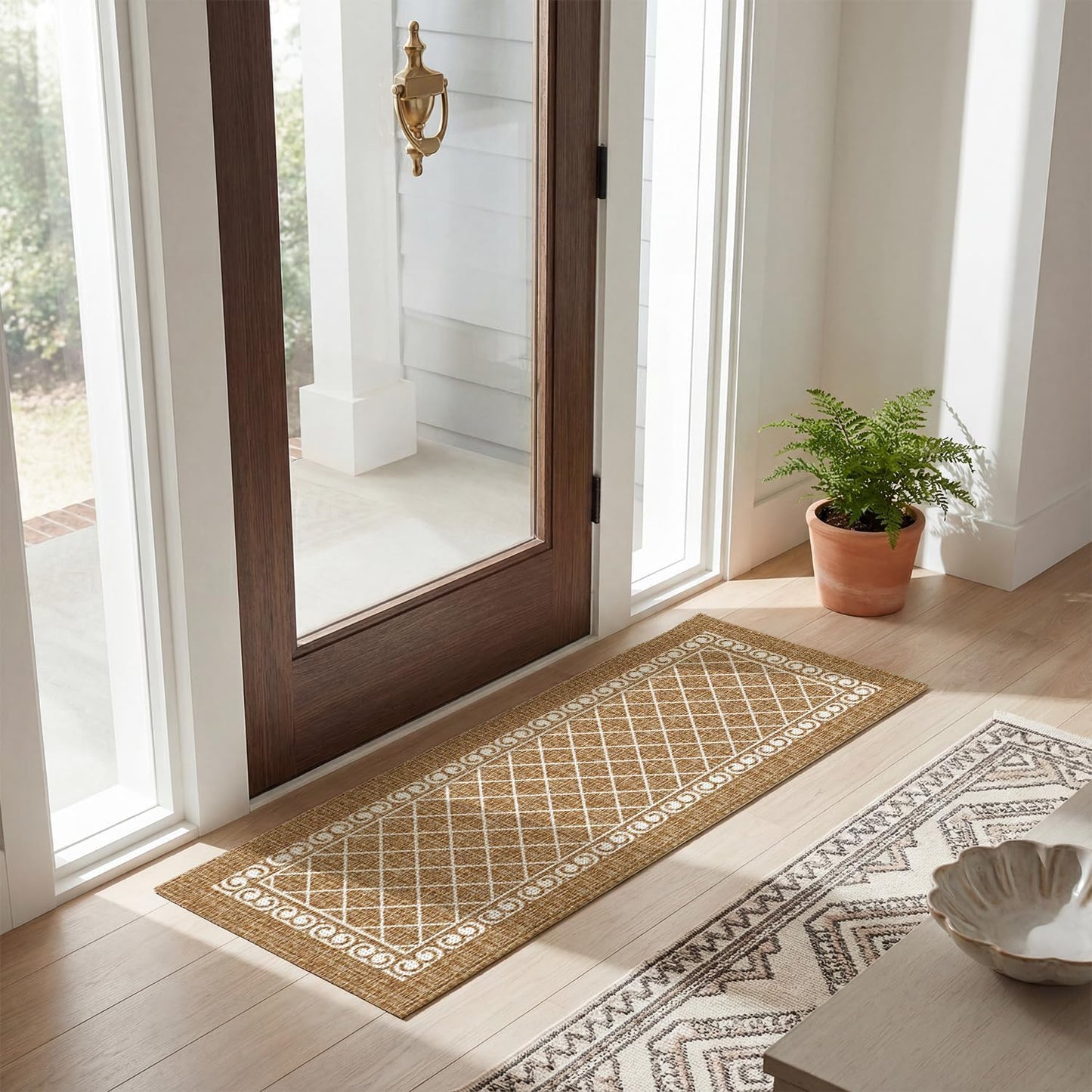 Artoid Mode Beige Washable Diamond Stripe Retro Doormat, Non Slip Absorbent Natural Rubber Back Door Mat Floor Mat 17x47 Inch