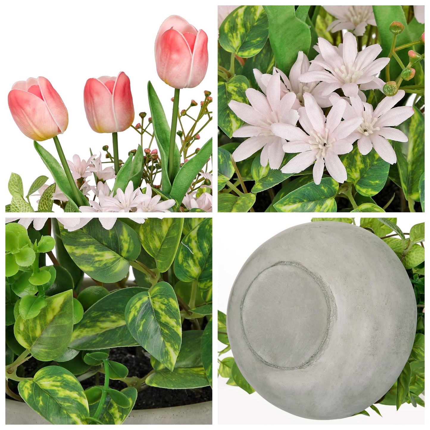 Flower Centerpieces 10.6" Artificial Plants & Flowers in Pot Mixed Artificial Tulip with Pink Flowers Green Plant, Realistic Farmhouse Flowers Arrangements for Table Office Desk Kitchen Home Decor