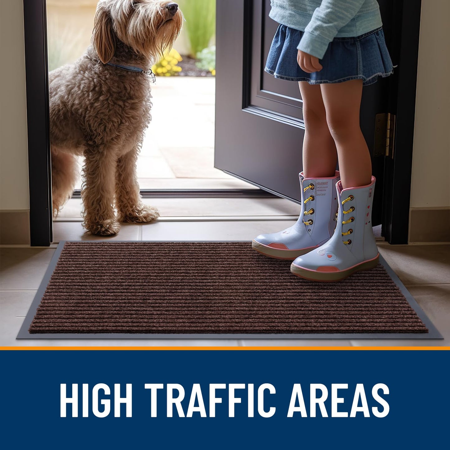 OLANLY Front Door Mat Indoor Outdoor Entrance, Waterproof Heavy Duty Doormat, Fade Resistant, Low Profile, Easy Clean Patio Porch Welcome Floor Mats for Entry, 59x34, Brown