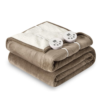 Heat Blanket 50”x60” Throw,Soft Flannel & Sherpa Reversible Electric Blanket with 10 Heat Settings,12 Timer Setting and 3 Hours Auto-Shut Off,ETL Certified Machine Washable,Light Brown