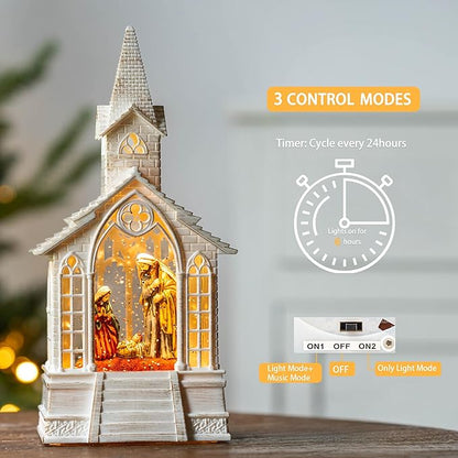 Christmas Nativity Snow Globe Lantern Musical Holy Family Lighted Water Church with Silent Night Music for Christmas Festival Decoration Gifts