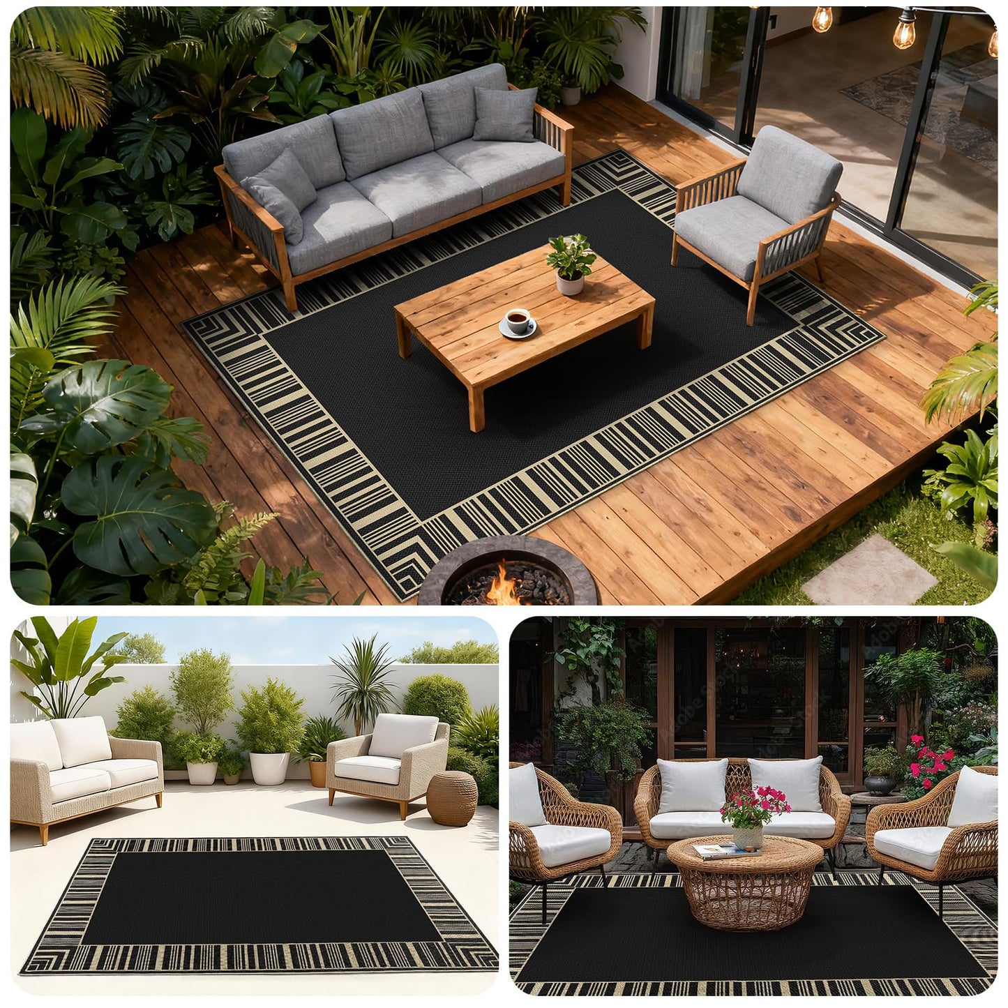 COZYLOOM 8x10 Easy Jute Outdoor Patio Rug Washable Living Room Rug with Rubber Backing, Stain Resistant Neutral Striped Border Rugs Non Shedding Foldable Mats for Bedroom, Dining Room, Backyard, Black