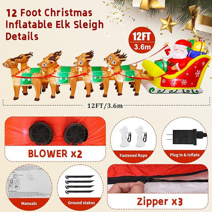 12 FT Christmas Inflatables with Santa Claus Reindeer Built-in LED Lights Blow Up Christmas Decor for Christmas Party Holiday Outdoor Garden Lawn Yard Decorations