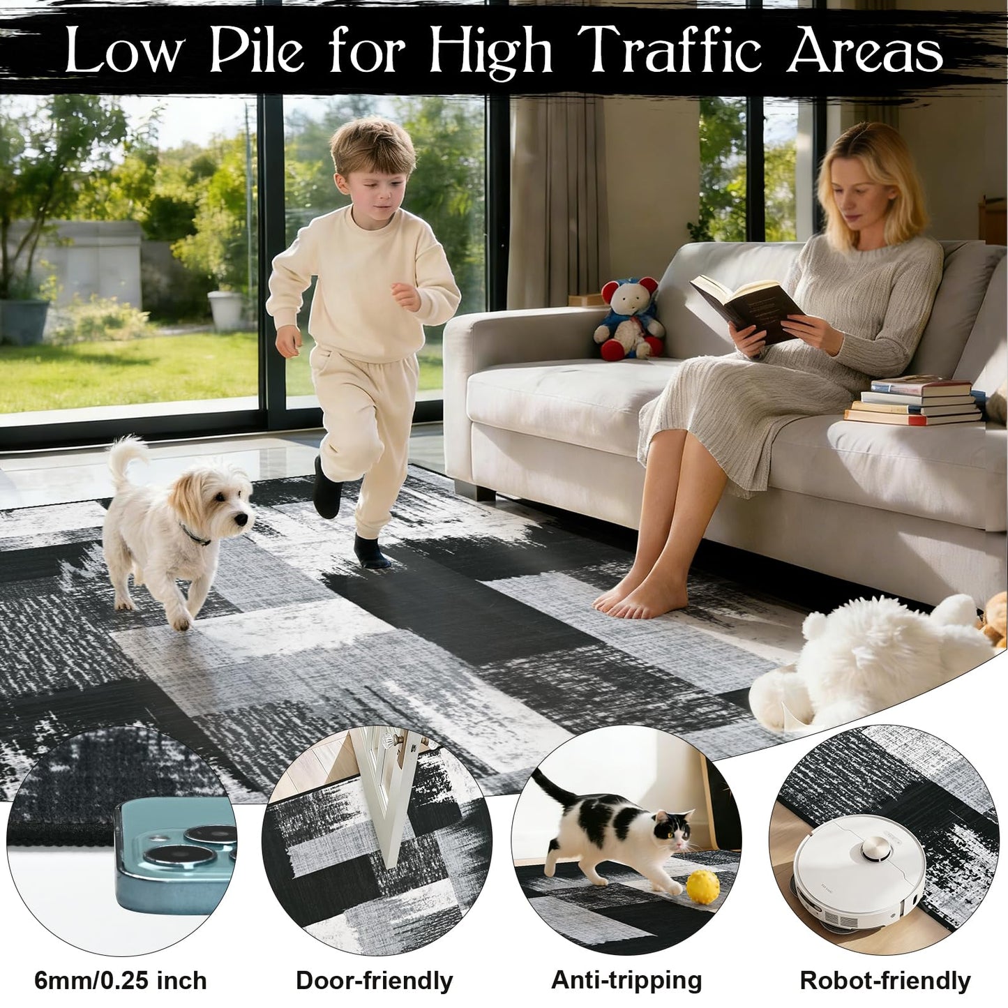 Yinhua Modern Geometric 8x10 Area Rugs, Patchwork Grey Rugs for Living Room Washable Abstract Rug Non Slip, Soft Bedroom Rug Stain Resistant, Mid Century Low Pile Carpet for Dining Room, Office