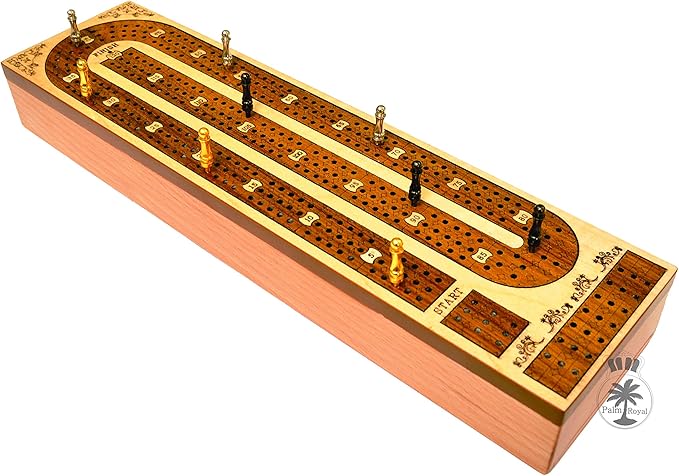 Palm Royal Handicrafts 3 Track Continuous Cribbage Wooden Cribbage Board Made with Maple Wood/Teak Wood and Storage Available for pegs and Cards