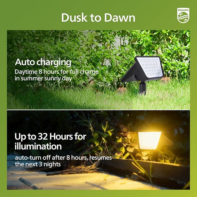 Philips 4 Packs Solar Spot Lights Outdoor Waterproof, 28 LED 3000K Solar Powered Landscape Pathway Lights, Dusk to Dawn Solar Spotlights for Garden, Yard, Lawn, Walkway, Driveway