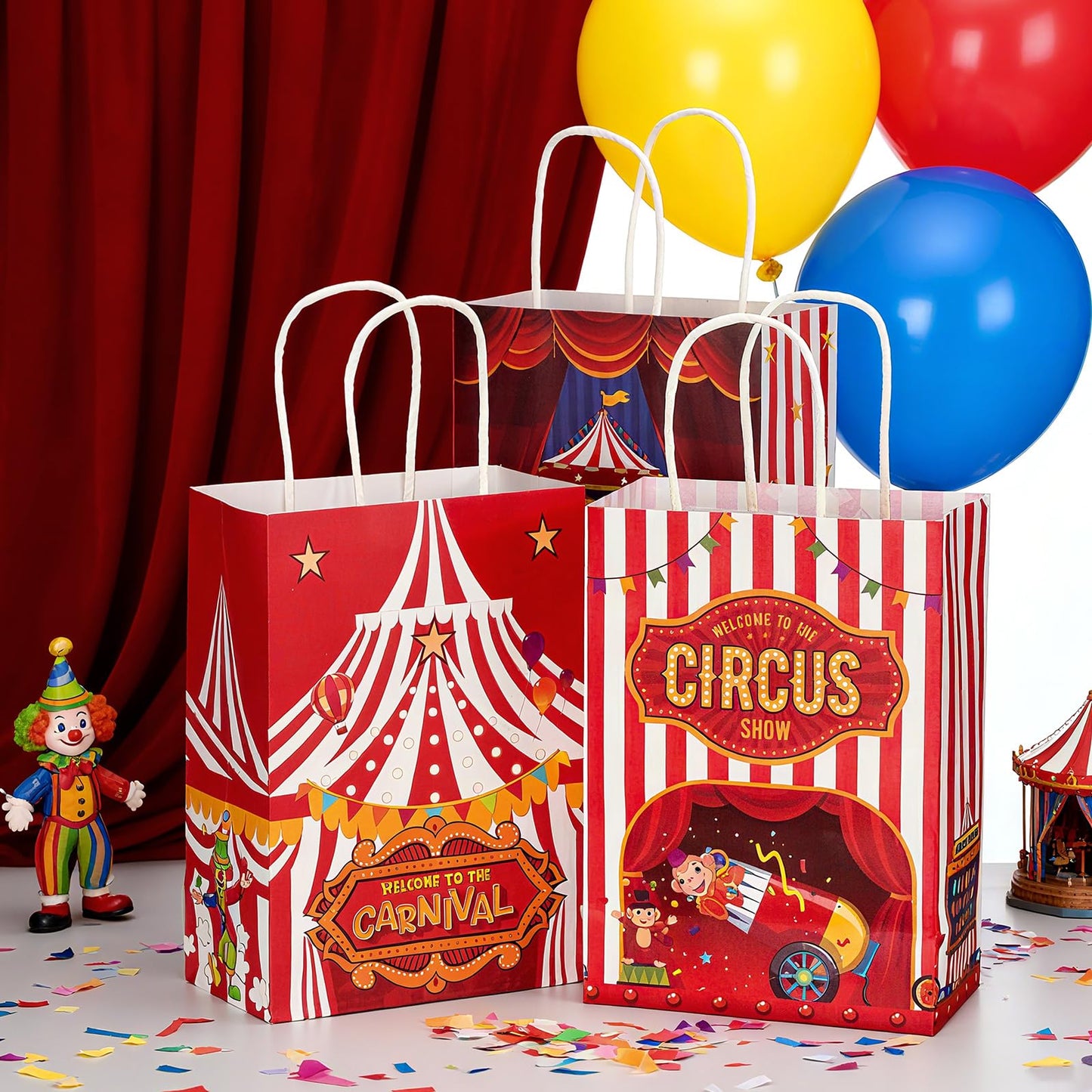 Kolldenn 48 Pcs Carnival Party Favor Bags Circus Gift Goodie Paper Bags with Handles Red White Stripe Circus Treat Candy Pouch for Carnival Party Supplies Birthday Mardi Gras Decorations