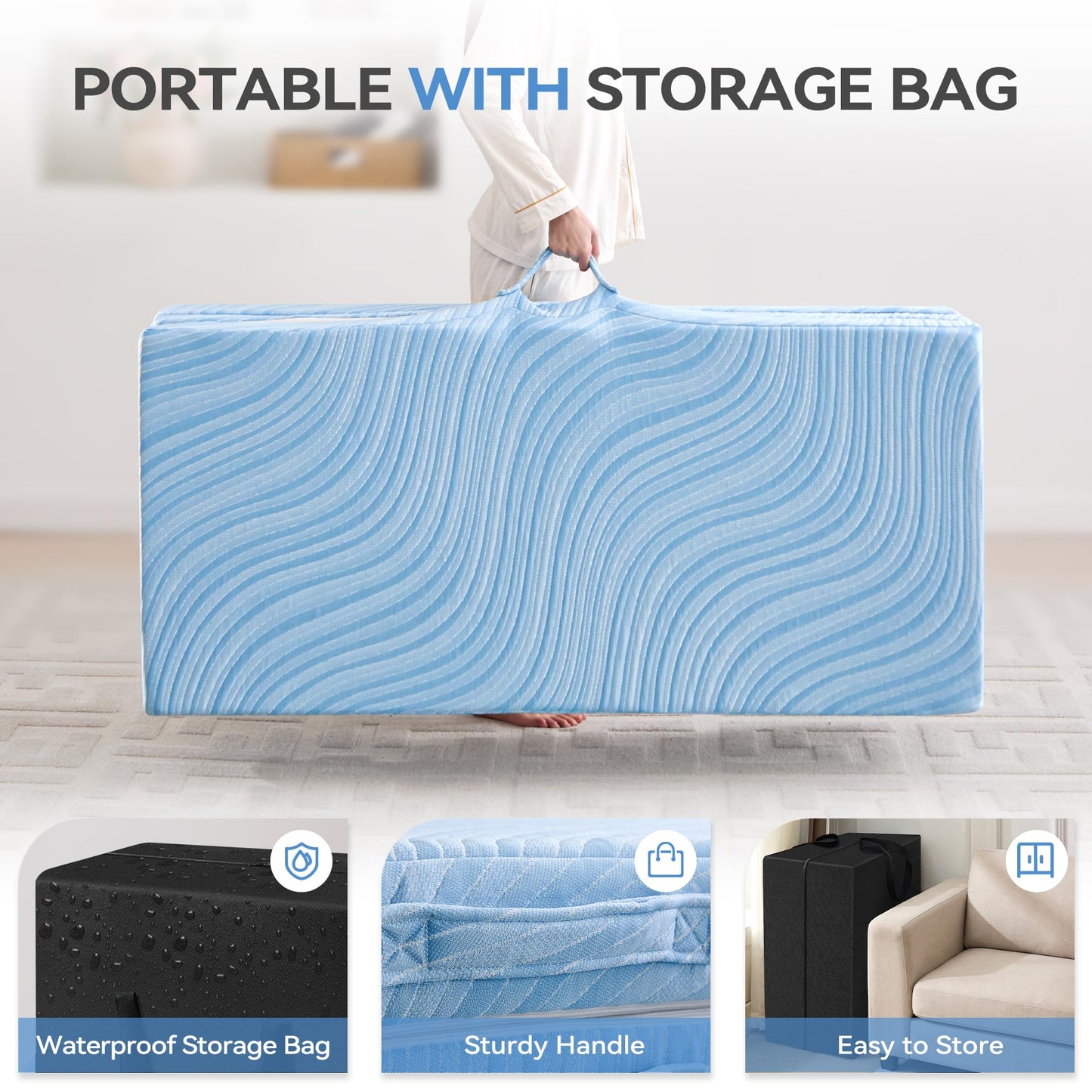 SINWEEK Foldable Trifold Tri Fold Portable Folding Topper Full - 3.8 Inch Memory Foam & High Density Foam with Cooling Fabric, Floor Mat for Travel Camping RV Temporary