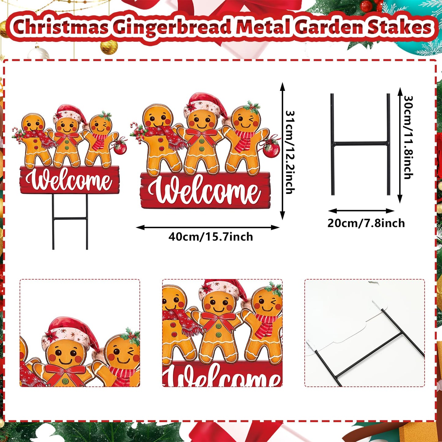 Whaline Christmas Metal Garden Stake Welcome Yard Sign Gingerbread Man Decorative Lawn Sign for Xmas Winter Holiday Home Outside Lawn Porch Walkway Decors