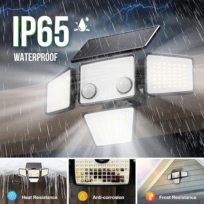 Solar Outdoor Lights - 3000LM 188 LED Motion Sensor Outdoor Lights, 4 Heads IP65 Waterproof Powered Security Flood Lights, 270°Wide Lighting Angle Wall Light with Sensors for Backyard Yard
