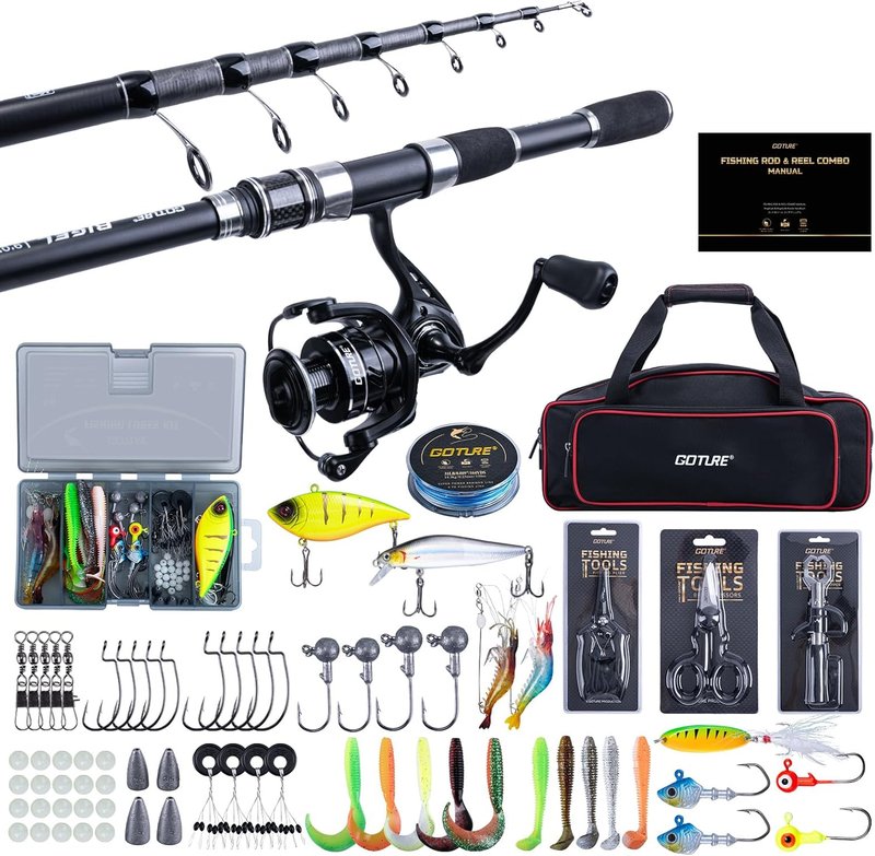Fishing Rod and Reel Combo - Red Telescopic Fishing Pole with Starter Kit & Carrier Bag | Portable 24T Travel Spinning Rod for Bass & Trout