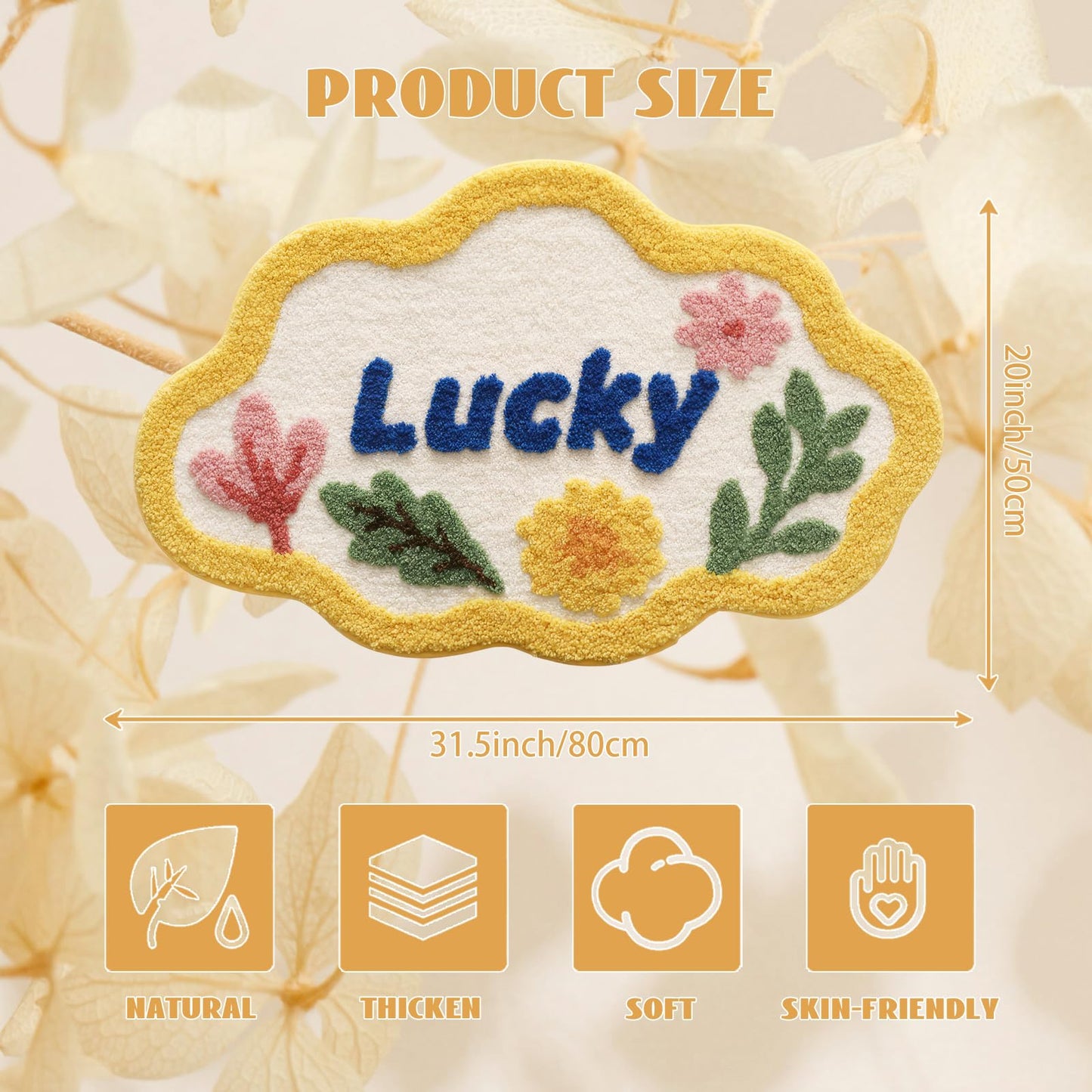 Cloud Shaped Lucky Bath Mat, Non-Slip Fluffy Floral Doormat with Blue Letter, Ultra Absorbent Microfiber Rug, Yellow Edge Machine Washable Carpet for Bathroom Doorway 20x31 Inch (Yellow)