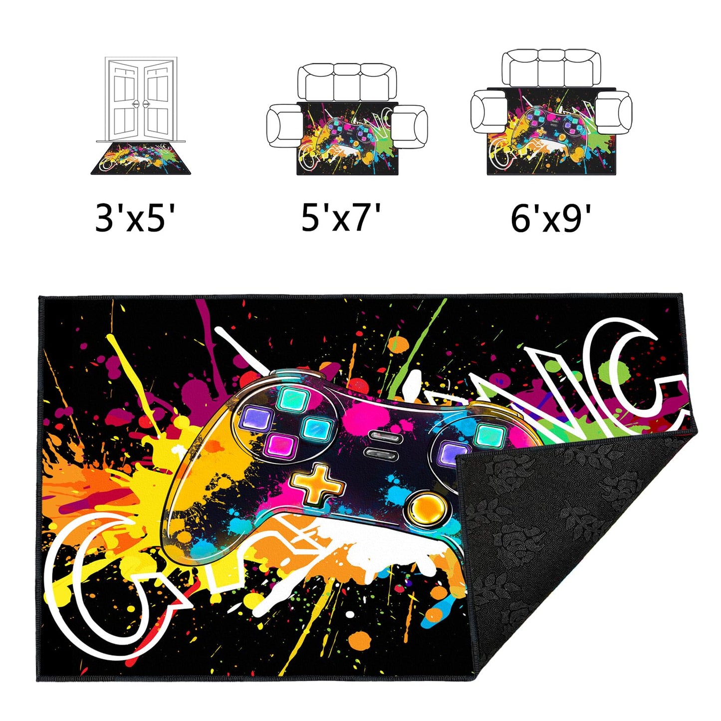 Gaming Rug for Room,3'x5' Cool Gamer Rugs with Non-Slip Backing,Game Room Carpet for Bedroom and Livingroom Decor