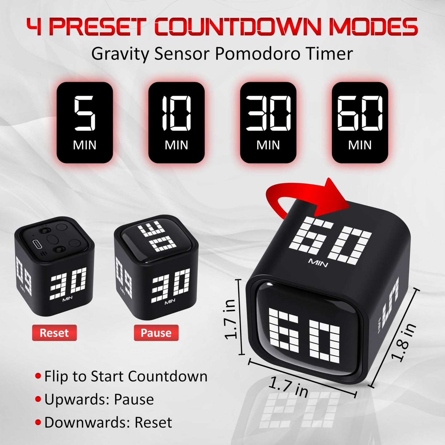 Digital Pomodoro Timer Cube, Rechargeable Type-C Productivity Countdown Clock for Study, ADHD, Kids, Kitchen, 5, 10, 30, 60 Minutes Presets with Volume Control, Black