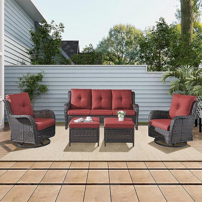 Rilyson Wicker Patio Furniture Set - 5 Piece Rattan Outdoor Sectional Conversation Sets with 2 Rocking Swivel Chairs,2 Ottomans and 1 Sofa for Porch Deck Garden(Brown/Red)