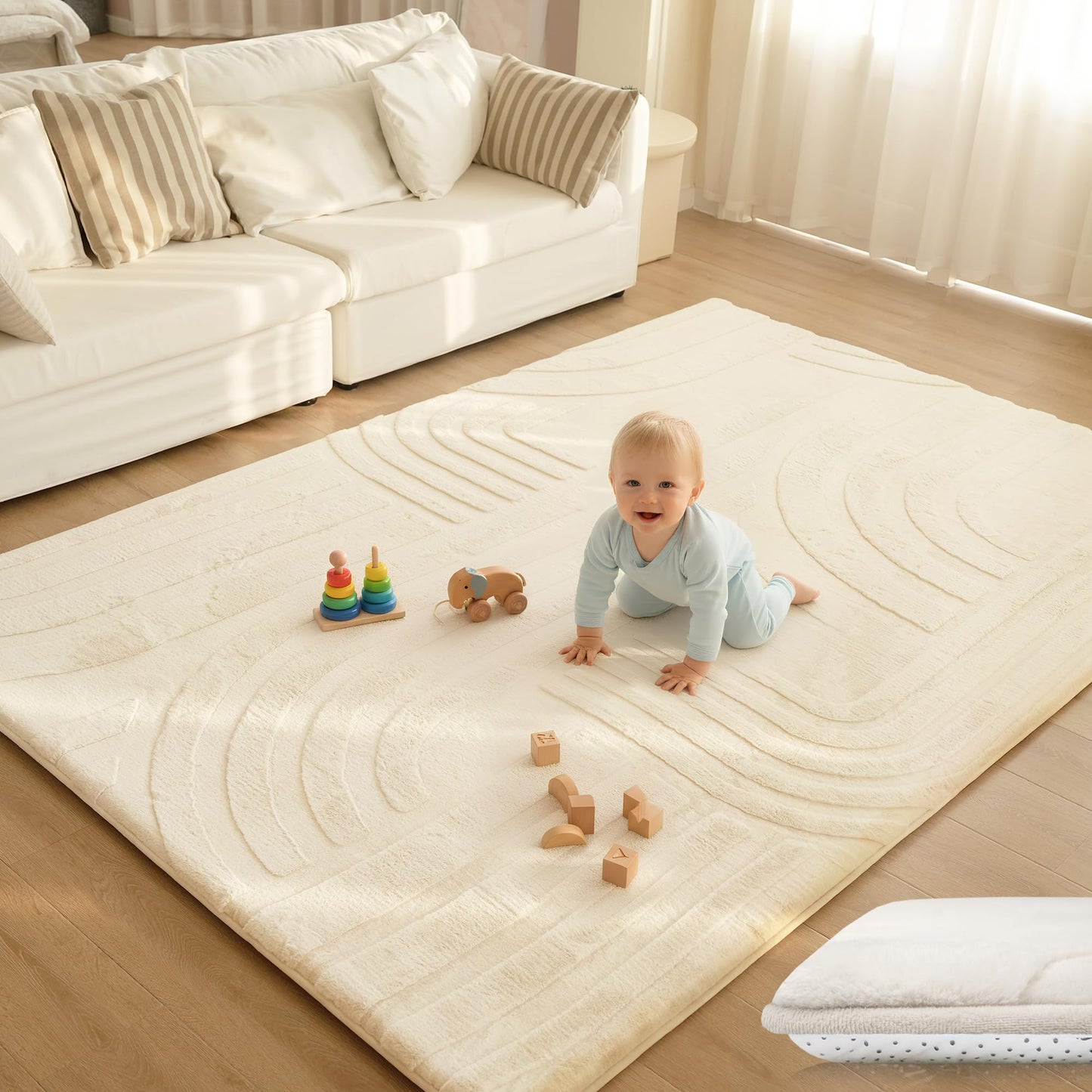 1.3" Thick Fluffy Baby Play Mat for Floor,Elasti Foam Padded Area Rug for Living Room Bedroom,Ultra Soft 3D Carved Kids Rug,Non-Slip Nursery Crawling Mat for Toddlers,4’x6’ Playroom Carpet(Cream)