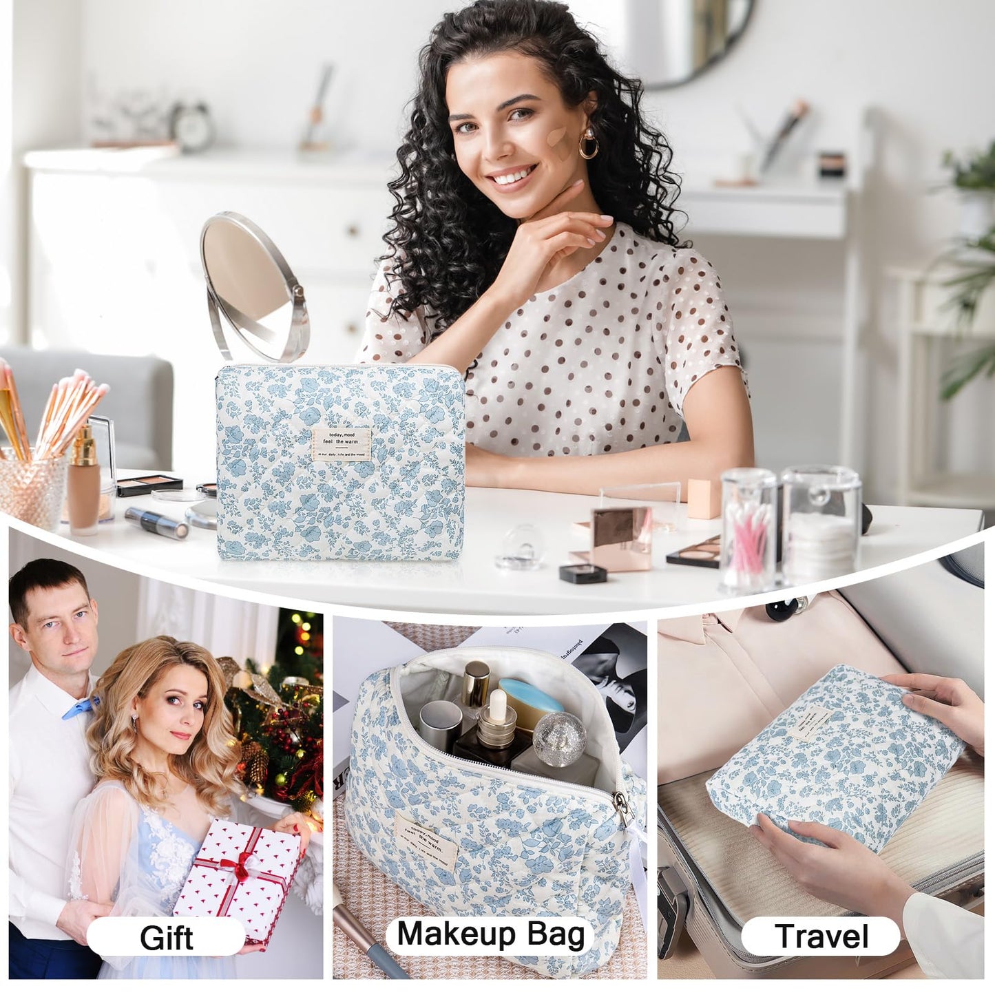 Gosect Large Makeup Bag, Cute Cosmetic Bag for Women Girls, Floral Coquette Aesthetic Toiletry Bag, Travel Make Up Organizer Bag(Blue Floral)
