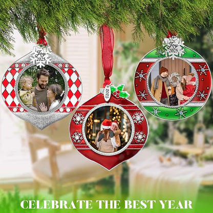 2025 Christmas Tree Ornaments 3 Piece Picture Frame Hanging Ornament Decorative Holiday Keepsake Gift Snowflake Pendant with 2” Photo Frame Insert for Picture of Pet (Red Green Gift Set)