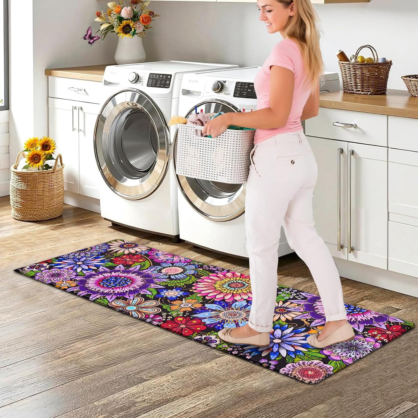 Likiyol Boho Kitchen Rugs Boho Floral Anti Fatigue Kitchen Mat for Floor Bohemian Flowers Non Slip Washable Kitchen Floor Mats, Comfort Standing Mat for Sink, Laundry, 18''x48'', 0.47" Th, Purple