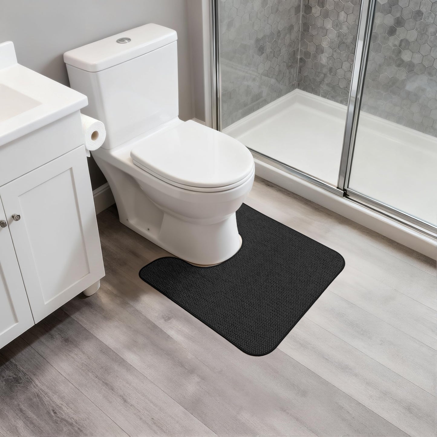 Bosap Toilet Rugs U Shaped Bathroom Rug,Machine Washable Non Slip Quick Dry Super Absorbent Ultra Thin Toilet Mats for Bathroom Toilet.Black,1'8"x2'(20x24inch)
