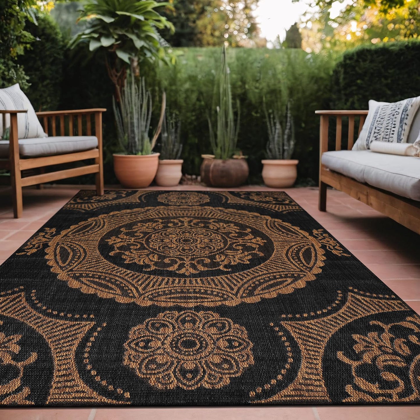 Luul Home Medallion Outdoor Rug 6x9 Washable Outside Carpet for Indoor Patio Porch Waterproof Easy Cleaning Non Shedding Area Rugs Nut Brown 6 x 9