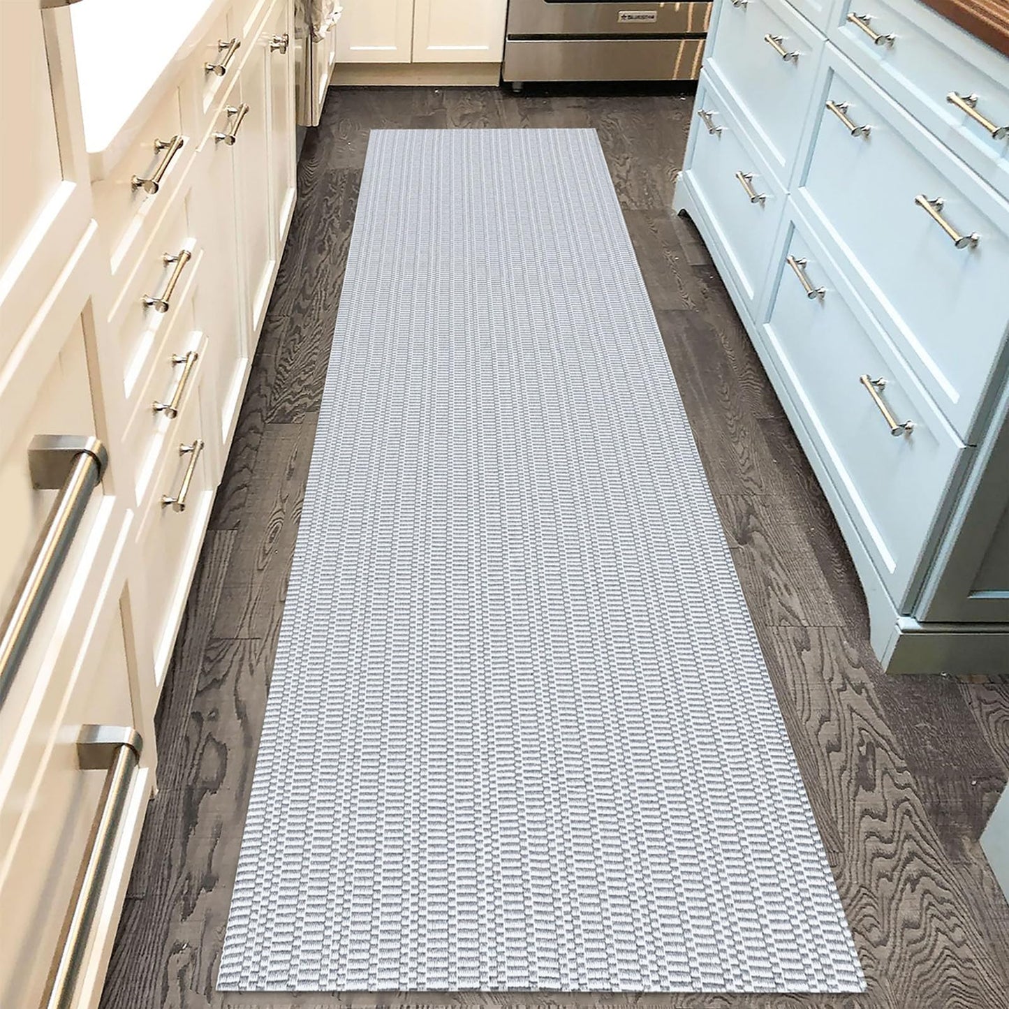 IOHOUZE Washable Runner Rug 2'x8' With Rubber Backing for Hallway, Entryway, Kitchen, Indoor Use - Woven Cotton Floor Carpet for Hall, Entrance, Bedroom - Light Gray/White