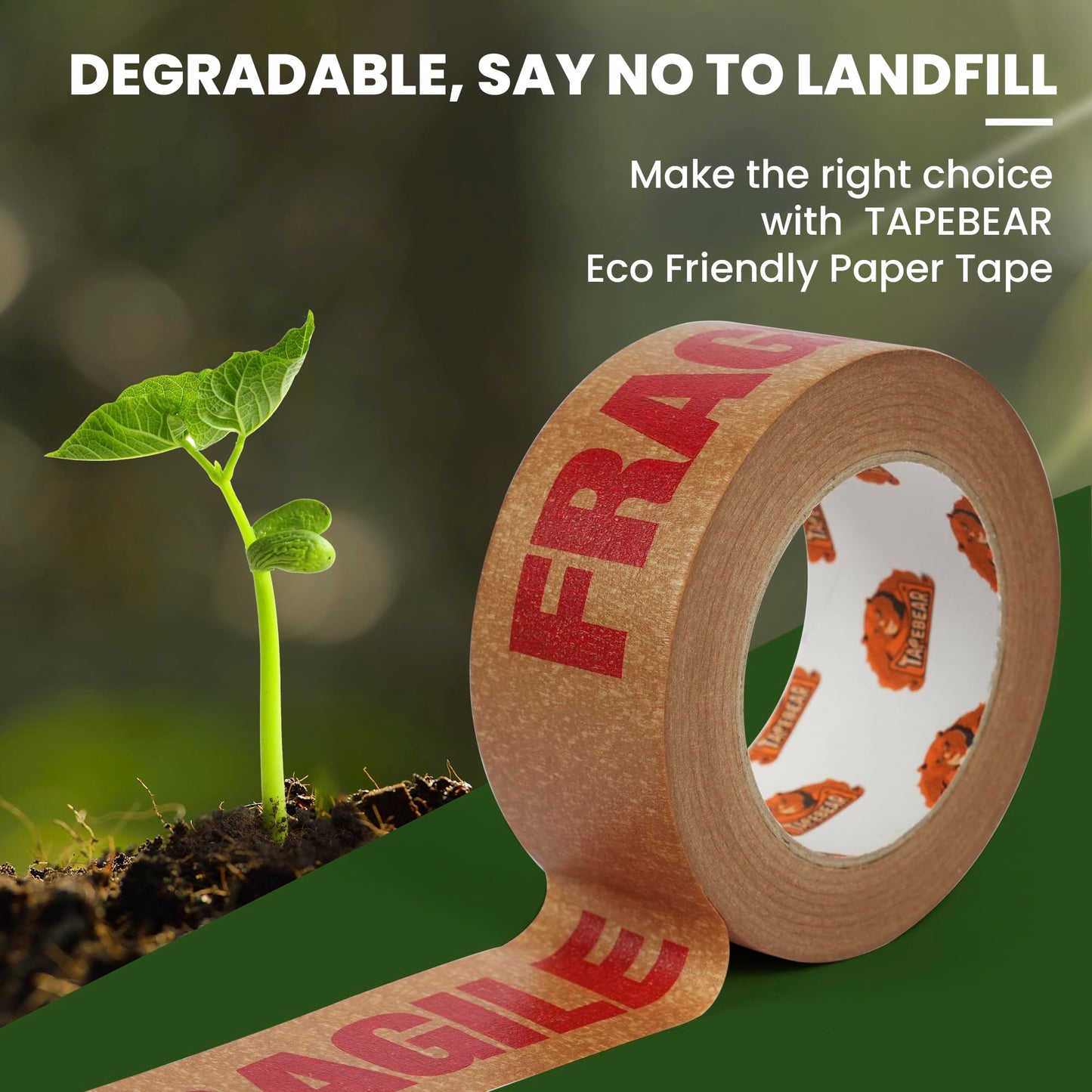 TAPEBEAR Fragile Tape Eco-Friendly Kraft Paper Tape 2Inch x 55Yard, Biodegradable Packaging Brown Paper Tape Self Adhesive Box Tape for Small Business, Shipping, Sealing, Moving, 6Rolls